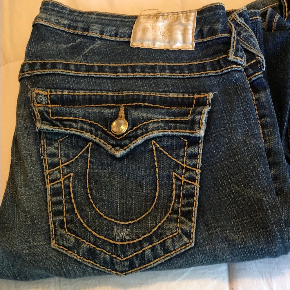 True Religion Women's Boot Cut Jeans in Dark Blue with Contrast Stitching